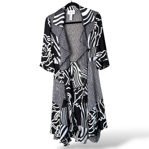 JOSEPH RIBKOFF Mesh Cardigan / Coverup / Long Line Jacket Black & White Sz 6 - Picture 4 of 11
